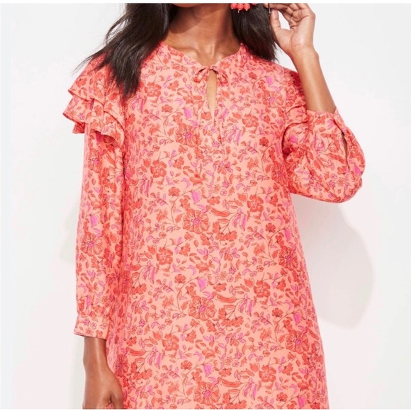 Vineyard Vines Dresses & Skirts - Vineyard Vines Pink Orange Floral Silk Blend Ruffle Shift Dress Medium AA